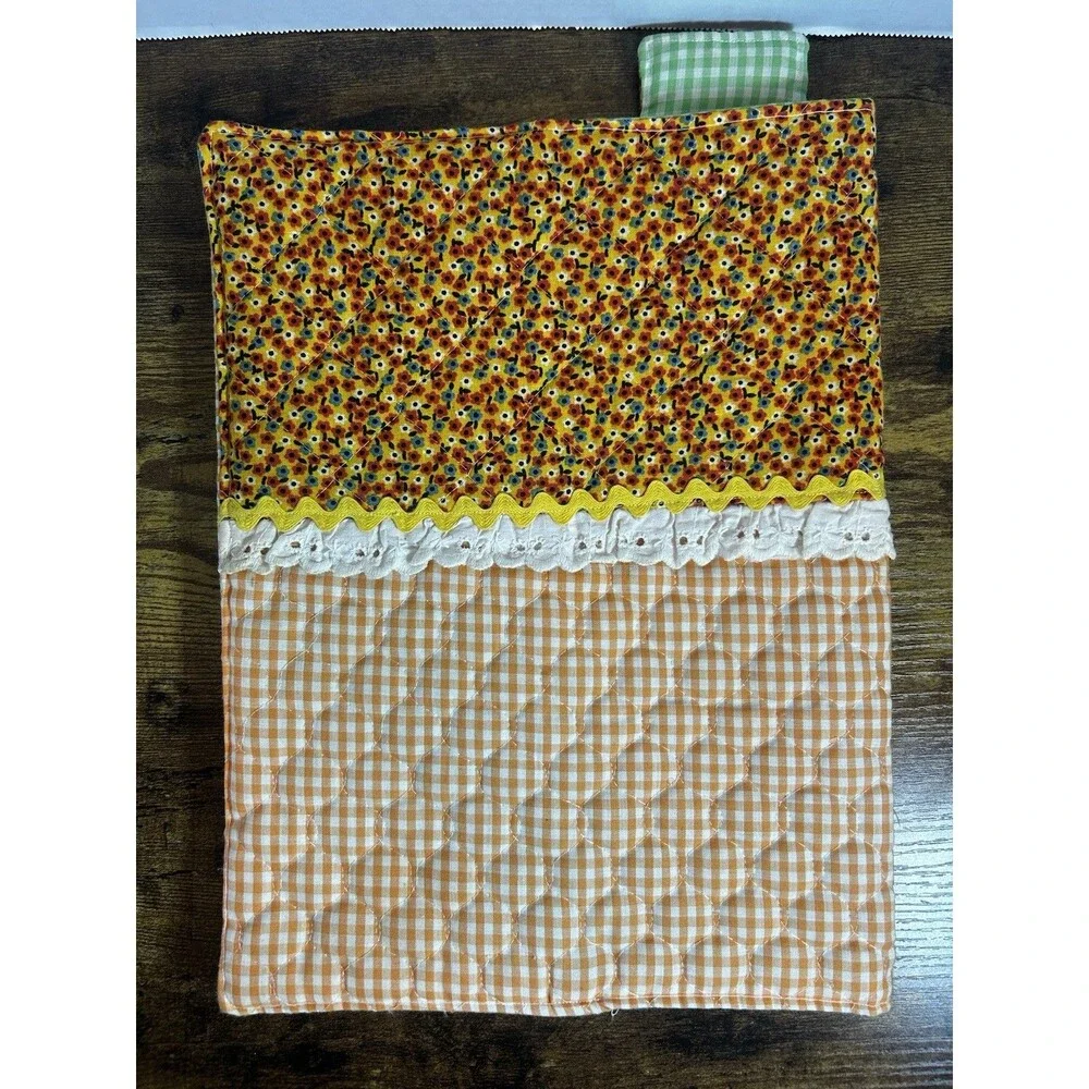 Handmade Quilted Cookbook Cover Floral Gingham Lace Bookmark Kitchen Gift Decor